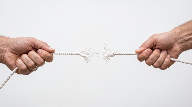 Two hands pulling a fraying rope, symbolizing tension, conflict, or struggle.