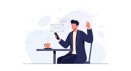 Fototapeta premium Man with Smartphone and Coffee in Modern Flat Illustration Style