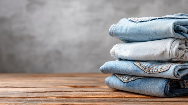 Stacks of blue jeans on a wooden table with a Sony Alpha A7 III camera against a gray wall highlighting product display