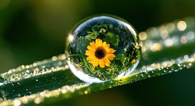 Macro droplet on grass blade reflects vibrant flower and green foliage
