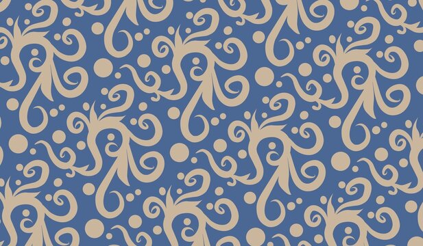 Abstract floral swirl pattern with decorative scrollwork on blue background. 