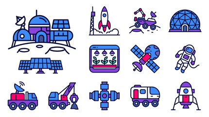 Space Exploration Icons: Moon Base, Rocket, Rover, Astronaut, Satellite, Lander © Arif Suyono