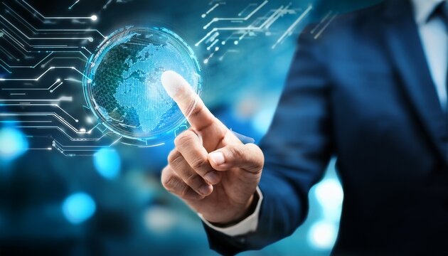 close up of a business professional s finger pushing a digital button on a modern touchscreen interface symbolizing future technology and global communication network connection