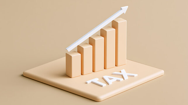 Bar chart with upward arrow and 'TAX' text, depicting rising financial burdens and increased expenditure in a clean, minimalist 3D render
