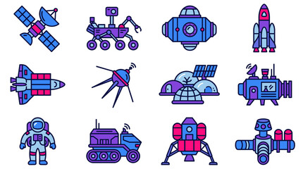 Space exploration icons: astronaut, rocket, satellite, rover, spaceship, and lunar lander © Arif Suyono