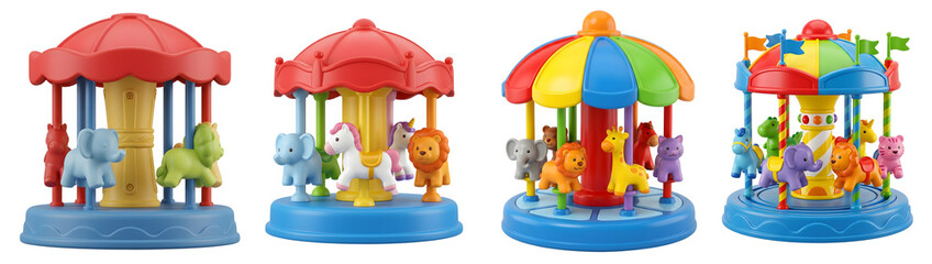 Fototapeta premium Vibrant miniature carousel toys featuring colorful plastic animals designed for children entertainment and imaginative play isolated on transparent background