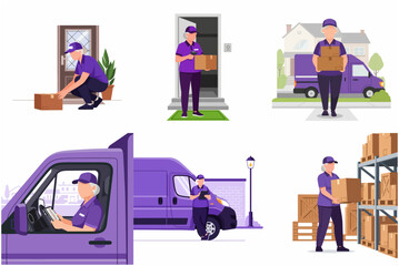 Senior female delivery worker in purple uniform set, courier delivering parcels, driving van, and managing warehouse logistics flat vector illustration.