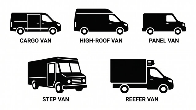 Commercial Cargo Vans Vector Icon Set Featuring Cargo Van, High-Roof Van, Panel Van, Step Van, and Reefer Van