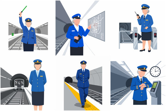 Female subway station worker in blue uniform performing various duties at the metro platform, flat vector illustration set.