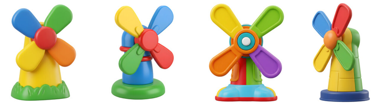 Four colorful plastic toy windmills with rotating propeller blades and bright primary colors displayed in a row on transparent background