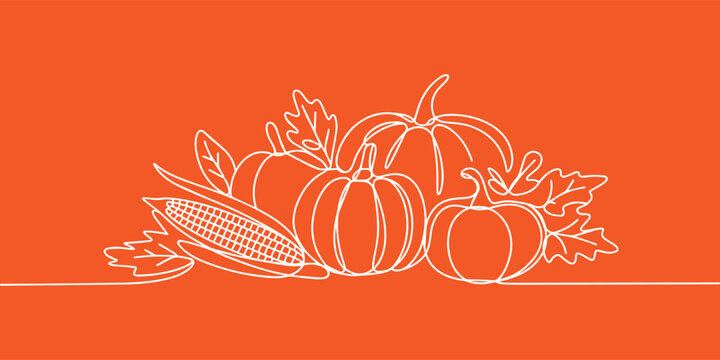 Pumpkin and Corn Harvest Continuous Line Art on Orange