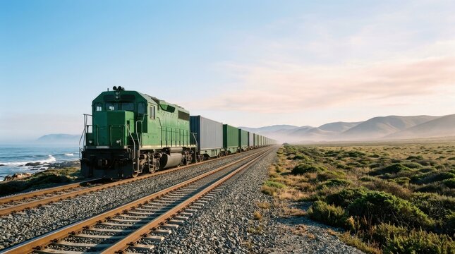 Coastal Container Train on Open Plain in Morning Light