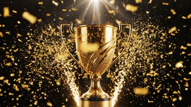 Golden trophy cup with falling confetti and spotlight effect: symbol of success, victory, achievement, and championship celebration