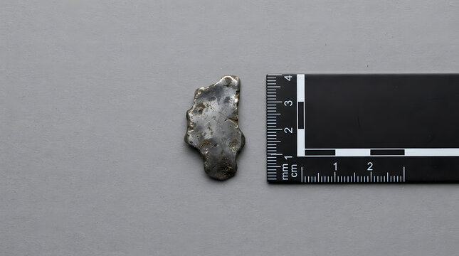 Small silver metal fragment with scale. Archaeological artifact sample for scientific study.