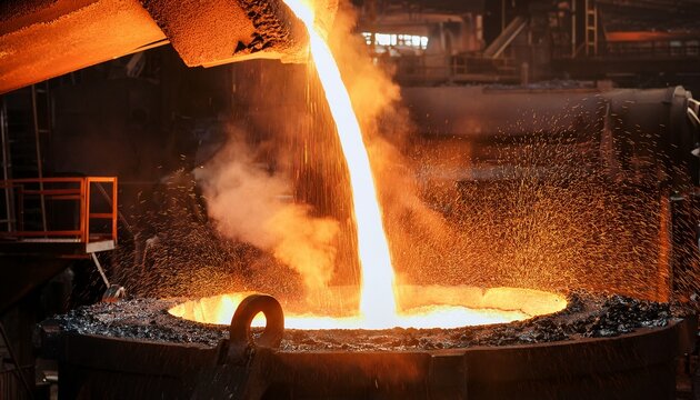 molten steel being poured from a metal ladle at an industrial metal smelting plant
