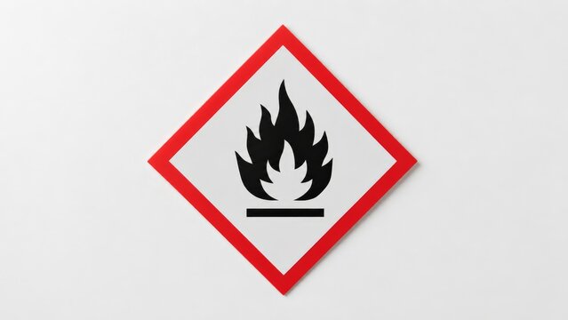 Red diamond-shaped GHS globally harmonized flammable hazard pictogram symbol with black flame icon on white center displayed against a clean minimalist white background with subtle shadow