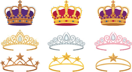 Royal crown and tiara vector icon set featuring luxury gold king crowns, elegant diamond queen tiaras, and simple star princess diadems for premium logo designs. © MstRowshanAra