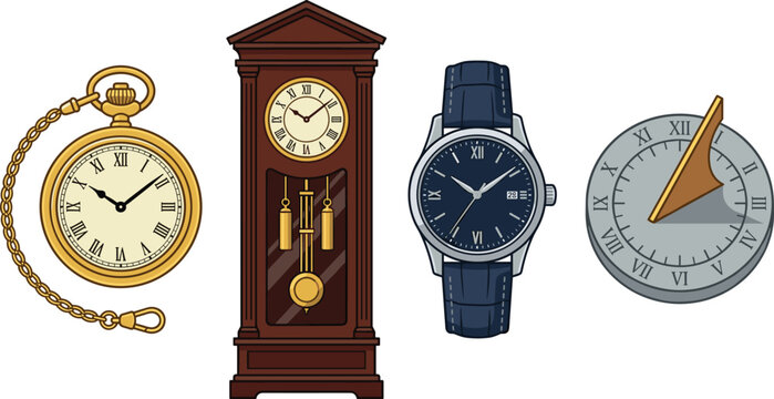 Collection of timekeeping devices featuring pocket watch grandfather clock modern wristwatch and antique sundial vector illustrations