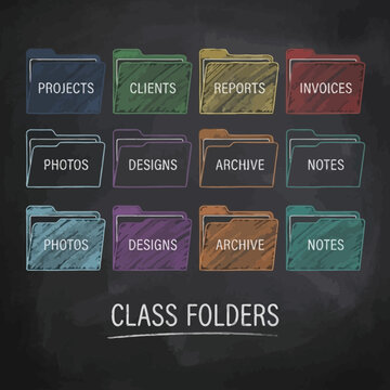 Colored file folders are illustrated with chalk on a blackboard to represent different student classes.