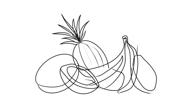 Pineapple and banana line art on white background.