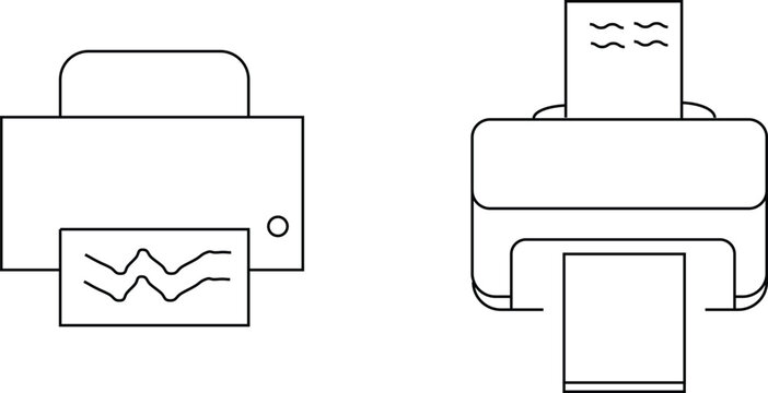 Simple black and white line art vector illustration of office computer printers printing documents isolated on white background