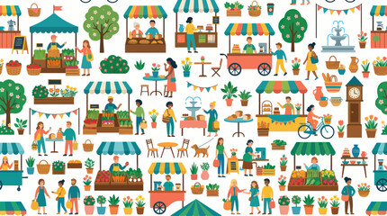 Naklejka premium Vibrant Flat Design Farmers and Street Market Vector Illustration. Shoppers and Vendors Selling Fresh Produce, Flowers, and Food.