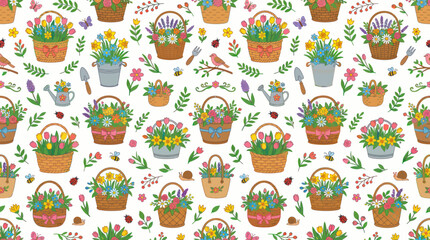 Obraz premium Cute Cartoon Style Spring Gardening Flowers and Floral Baskets Seamless Pattern Vector