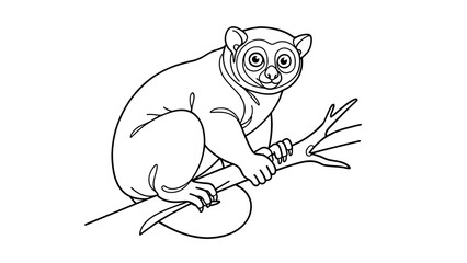 Obraz premium Cute cartoon lemur on branch white background.