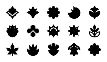 Obraz premium Abstract Geometric Floral Icons, Stylized Botanical Emblems, Minimalist Decorative Symbols, Set of 15 Black Vector Graphics for Design