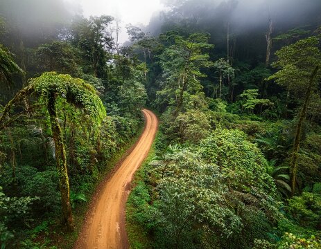 winding dirt road disappearing into the dense rainforest canopy dense foliage rainforest