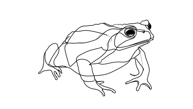 Line art frog illustration on white background.