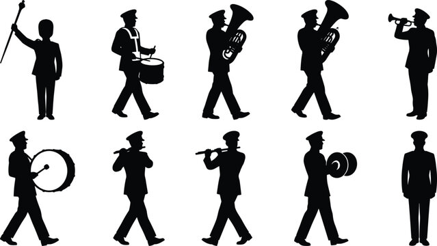 Marching band musicians playing brass and percussion instruments vector silhouette set isolated on white background