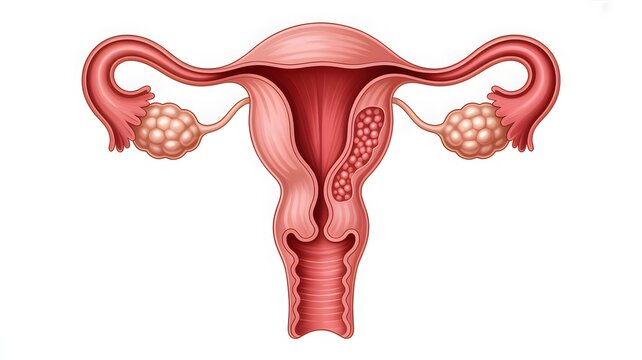 Medical Illustration of Female Reproductive System Featuring Uterine Lining Pathology