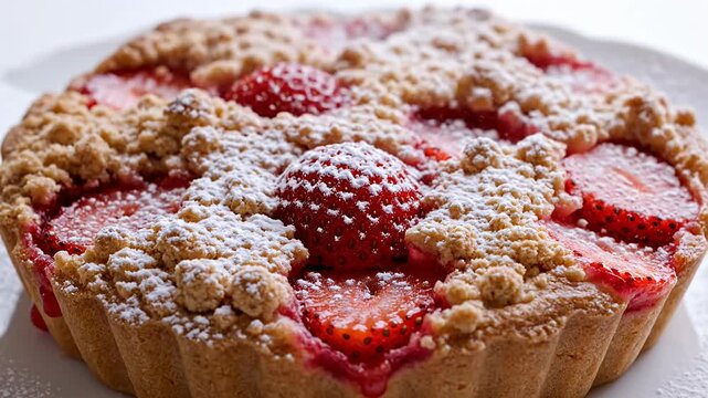 Round strawberry crumble pie with golden crust.
