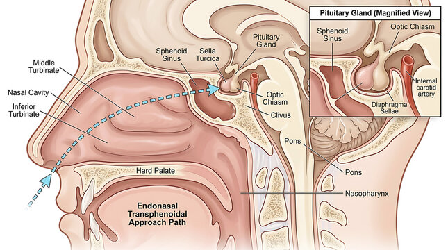 Sagittal section of human nasal cavity and pituitary gland anatomy
