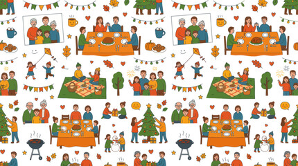 Fototapeta premium Hand-drawn Family Holiday and Seasonal Activities Doodle Seamless Vector Pattern