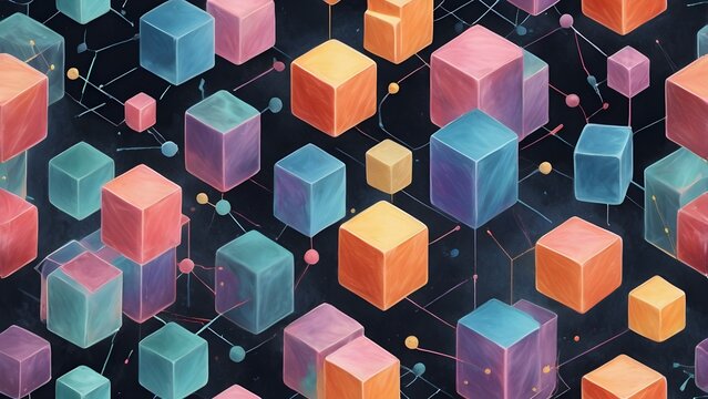 Abstract Colorful 3D Cubes Network on Dark Background Representing Data, Blockchain, AI, and Future Digital Technology