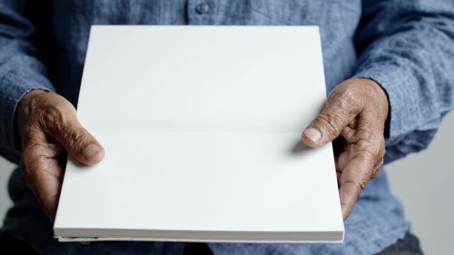 Elderly hands holding blank white square book.