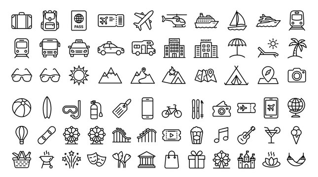 Set of 60 Vacation and Travel Outline Icons with Editable Stroke for Recreation, Leisure, Tourism, Holiday Planning, and Adventure Vector Collection