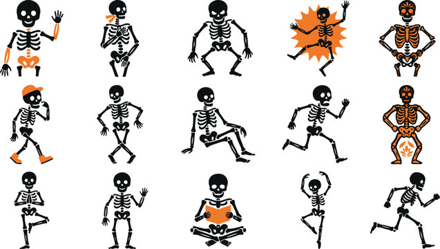 Set of hand drawn funny skeleton characters in various poses for halloween design and festive holiday graphic projects