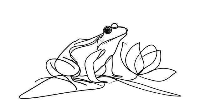 Minimalist frog line art on leaf white background.
