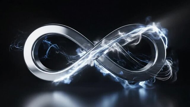 Metallic infinity symbol with ethereal flowing smoke effect, abstract 3 d motion background, for technology and, business concepts