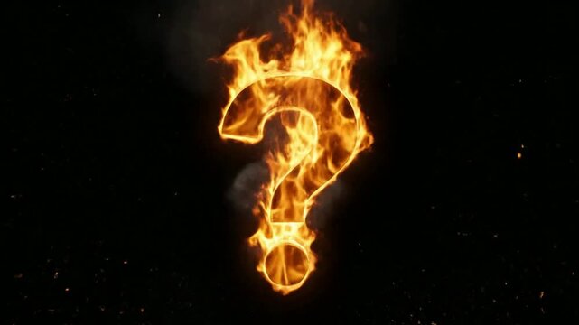 Burning question mark symbol with intense fire and flying sparks on black background, for conceptual business, and mystery themes