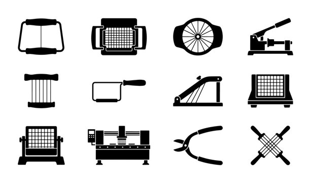 Kitchen Tools Collection: 12 Black and White Vector Icons for Food Preparation, Slicing, and Dicing Gadgets, Culinary Equipment Set