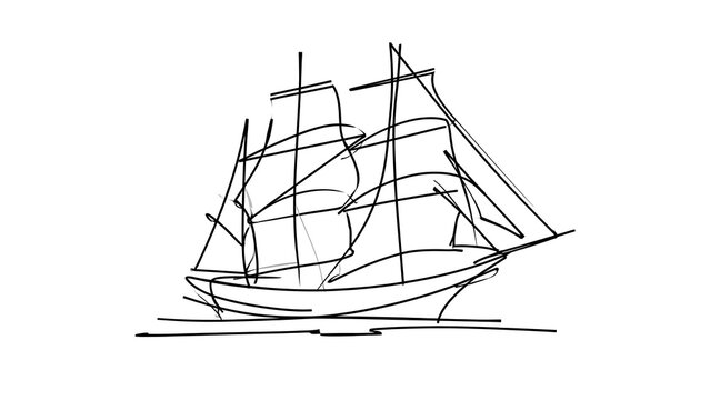 Sailing ship line art illustration white background.