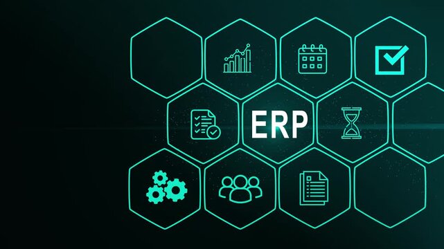 ERP platform visual showing centralized system for enterprise resource planning, improving integration, data flow, finance, inventory, and digital interface