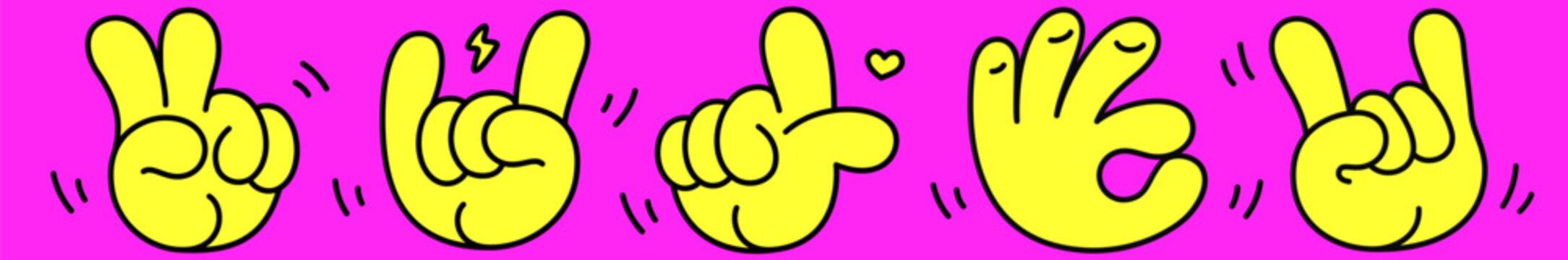 Set collection. Hand signs. Gesture fingers. Pop art hand gesture sign set, cute cartoon hand gesture sign collection, stickers, comic arm finger palm icons badges patches. Vector Illustration