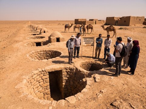 Tourists visiting ancient underground foggara water irrigation system