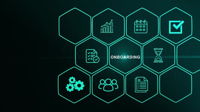 Onboarding concept. Person touch virtual onboarding icon for human resources business industry to introduce newly hired employee into an organization, digital interface on cyan color background