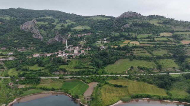 Aerial View of Asarkale Rock Tombs Overlooking the Kızılırmak Valley in Samsun, T&uuml;rkiye